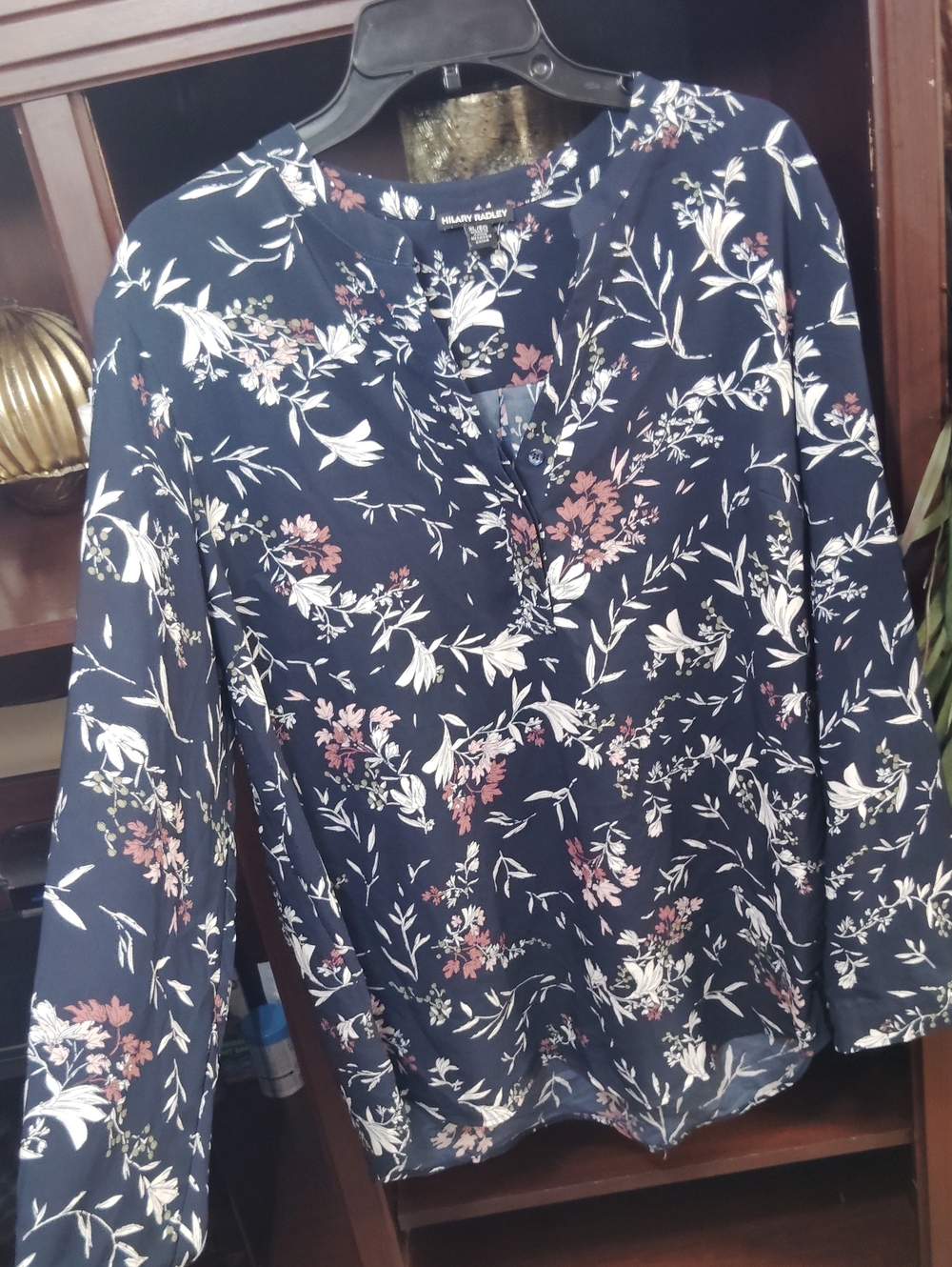 Hilary Radley Navy Floral Button-Front Blouse with White and Dusty Rose Accents